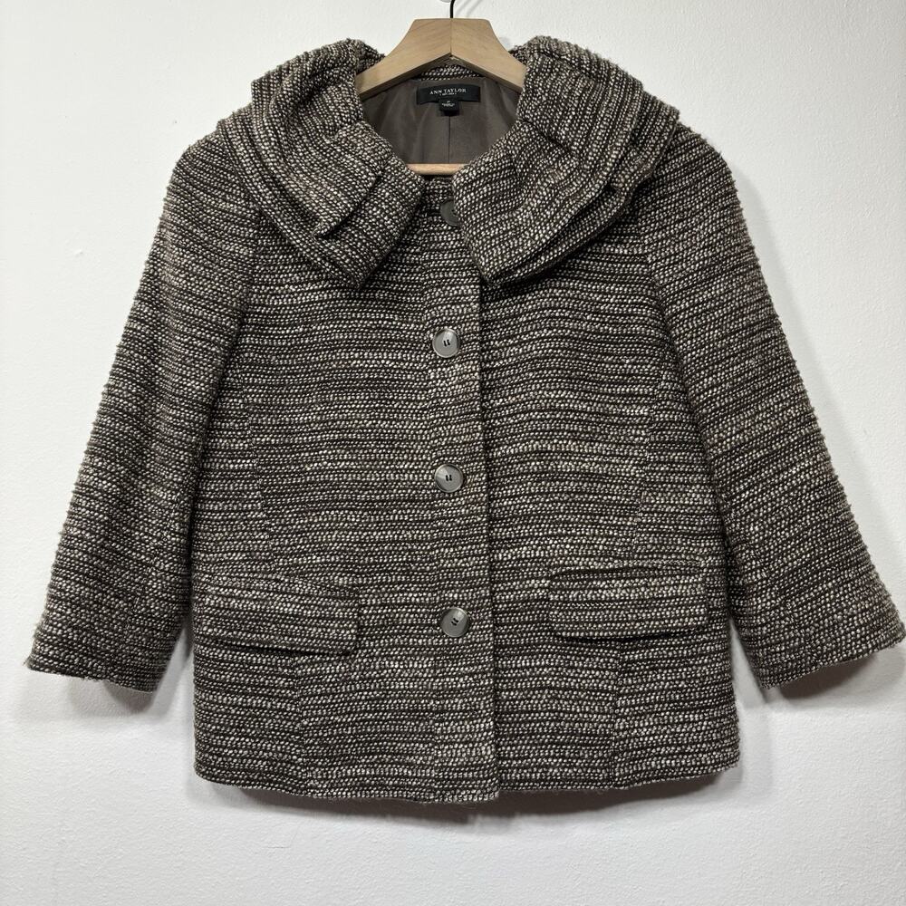 Ann‎ Taylor Coat 2 Wool Brown White Gray Tweed Classic Minimalist Soft Statement